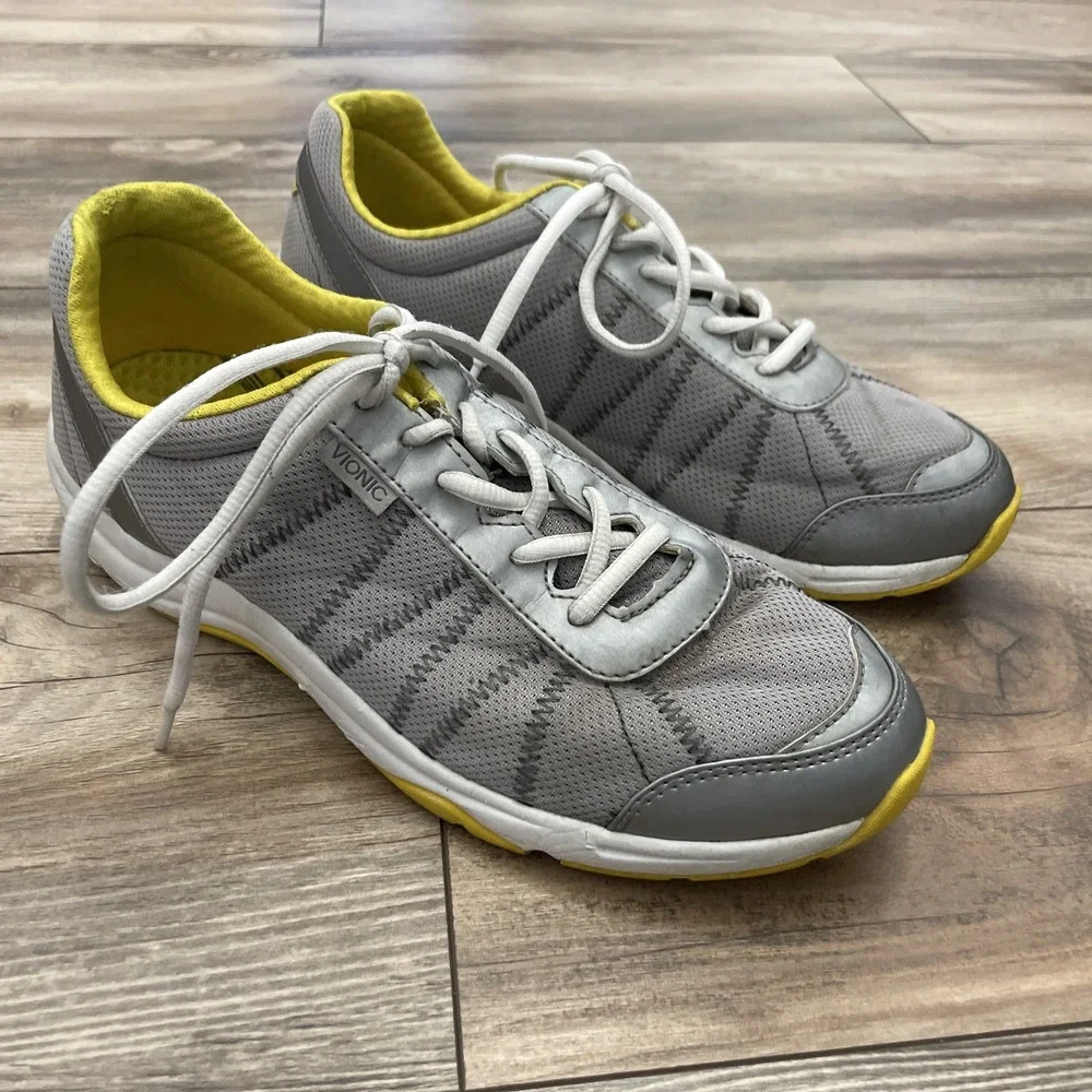 Vionic Alliance Grey Walking Shoes Womens 9.5 Wide Grey Yellow Sneakers